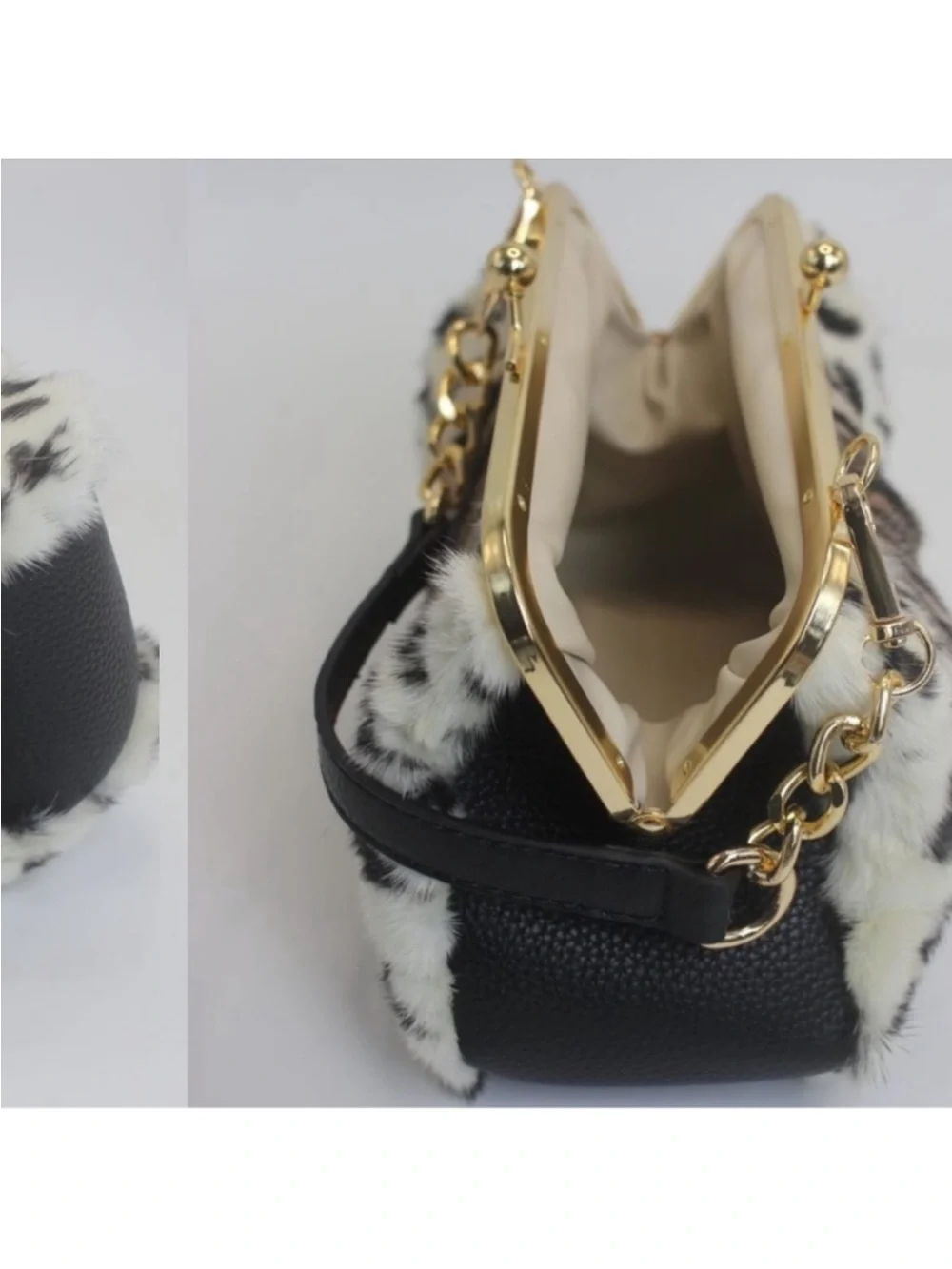 Luxury Mink Fur Leopard Print Handbag Small Kiss Lock Purse With Gold new - Picture 5 of 9